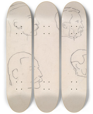 Triptych art skateboard deck of Sir John Everett Millais Male Four Profile Head Sketches Of Moustached Man by Sir John Everett Millais (1829-1896)