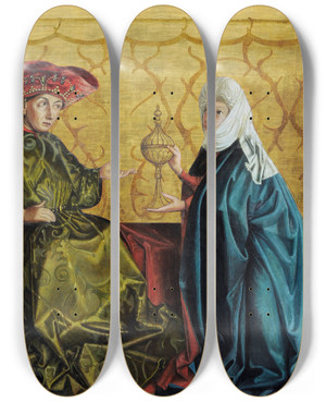 Triptych art skateboard deck of Gertrud Bockschnirlin Solomon And The Queen Of Sheba by Gertrud Bock-Schnirlin (1878)