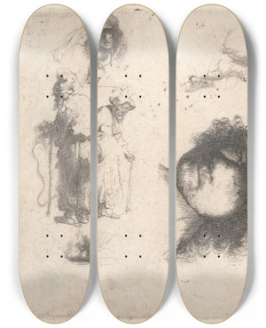 Triptych art skateboard deck of Rembrandt Van Rijn Sheet Of Studies Head Of The Artist A Beggar Couple Heads Of An Old Man And Old Woman by Rembrandt Van Rijn (1606-1669) Triptych art skateboard deck of Rembrandt Van Rijn Sheet Of Studies Head Of The Artist A Beggar Couple Heads Of An Old Man And Old Woman by Rembrandt Van Rijn (1606-1669)