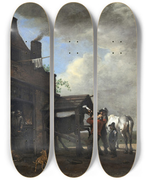 Triptych art skateboard deck of Paulus Potter A Farriers Shop by Paulus Potter (1625-1654)