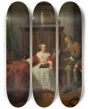 Triptych art skateboard deck of Gabriel Metsu The Hunters Present by Gabriel Metsu (1629-1667)