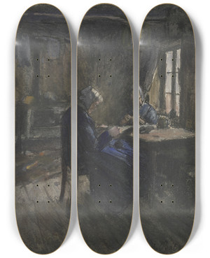 Triptych art skateboard deck of Ferdinand Balzer Zwei Lesende Frauen In Einem Zimmer by Ferdinand Balzer (1872-1916)