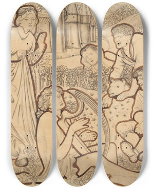 Triptych art skateboard deck of Sir Edward Coley Burnejones The Madness Of Sir Tristram_1 by Sir Edward Coley Burne-Jones (1833-1898)