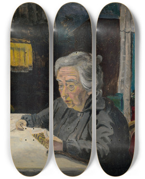 Triptych art skateboard deck of Arnold Peter Weiszkubnan Reading Old Lady by Arnold Peter Weisz-Kubnan (1898-1944)
