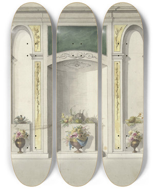 Triptych art skateboard deck of Abraham Meertens Ontwerp Voor Kamerversiering Met Drie Nissen Waarin Bloemenvazen by Abraham Meertens (1747-1823)