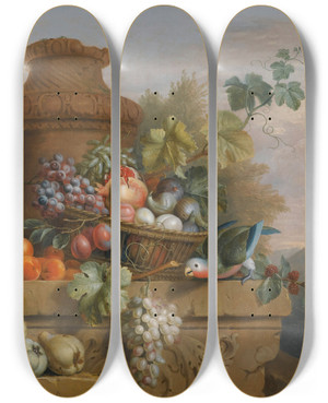 Triptych art skateboard deck of Follower Of Jakob Bogdny Still Life With A Basket Of Fruit A Parrotand An Urn On A Carved Stone Ledge by Follower Of Jakob Bogdany (1660-1724)
