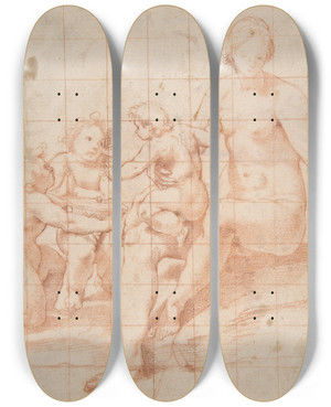 Triptych art skateboard deck of Poppi Francesco Morandini Study For A Virgin And Child With Two Angels by Poppi Francesco Morandini (1544-1597)