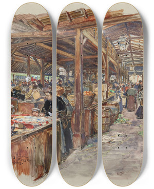 Triptych art skateboard deck of Frdric Houbron Intrieur Du March Des Enfants Rouges 3Me Arrondissement by Frederic Houbron (1851-1908)