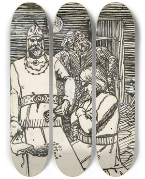 Triptych art skateboard deck of Christian Krohg Knuts Sendemann Hos Bjrn Stallare_2 by Christian Krohg (1852-1925)