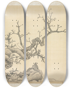 Triptych art skateboard deck of Chen Hongshou Rock Old Tree And Bamboo by Chen Hongshou (1598-1652)