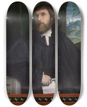 Triptych art skateboard deck of Moretto Da Brescia Portrait Of A Man by Moretto Da Brescia (1498-1554)