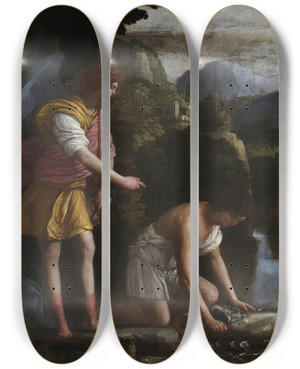 Triptych art skateboard deck of Carlo Saraceni Tobias And The Angel by Carlo Saraceni (1579-1620)