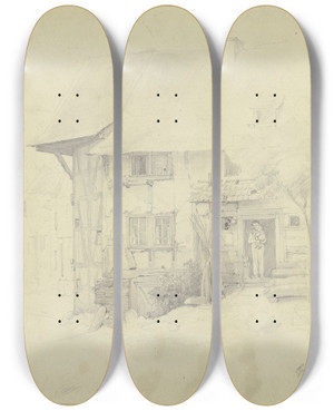 Triptych art skateboard deck of Jakob Frchtegott Dielmann Bauernhaus In Eppstein Unter Der Haustr Steht Ein Mann Mit Einem Kind Auf Dem Arm by Jakob Furchtegott Dielmann (1809-1885)