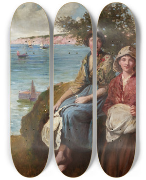 Triptych art skateboard deck of Frederick Morgan On The Cliffs by Frederick Morgan (1847-1927)