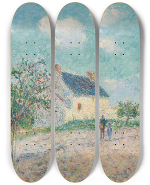 Triptych art skateboard deck of Gustave Loiseau Pommiers En Fleur by Gustave Loiseau (1865-1935)