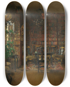 Triptych art skateboard deck of Harriet Backer The Library Of Thorvald Boeck by Harriet Backer (1845-1932)