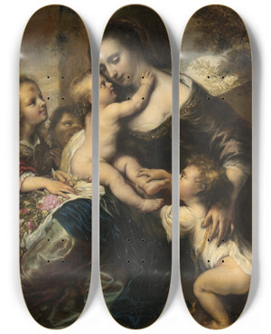 Triptych art skateboard deck of Jrgen Ovens Portrait Of A Woman With Four Children Depicted As Caritas by Jurgen Ovens (1623-1678)