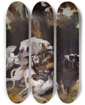 Triptych art skateboard deck of Jeanbaptiste Oudry Lhallali Du Loup by Jean-Baptiste Oudry (1686-1755)