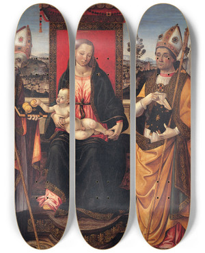 Triptych art skateboard deck of Macrino Dalba Holy Conversation by Macrino Dalba (1465-1528)