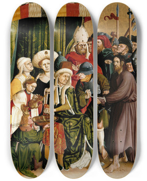 Triptych art skateboard deck of Hans Multscher Christ Before Pilate The Wings Of The Wurzach Altar Upper Right by Hans Multscher (1400-1467)
