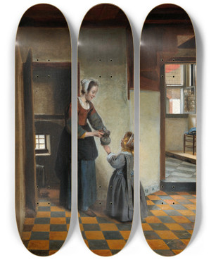 Triptych art skateboard deck of Pieter De Hooch Woman With A Child In A Pantry by Pieter De Hooch (1629-1684)