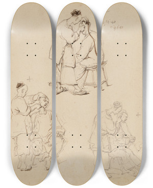 Triptych art skateboard deck of George Chinnery Three Studies Of A Chinese Barber by George Chinnery (1774-1852)
