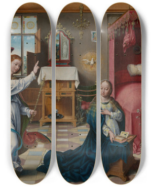 Triptych art skateboard deck of Joos Van Cleve The Annunciation by Joos Van Cleve (1485-1541)