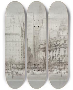 Triptych art skateboard deck of William Walcot New York City Battery Place by William Walcot (1874-1943)