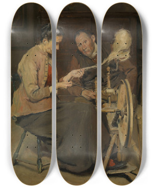 Triptych art skateboard deck of Charles Mertens The Spinner by Charles Mertens (1865-1919)