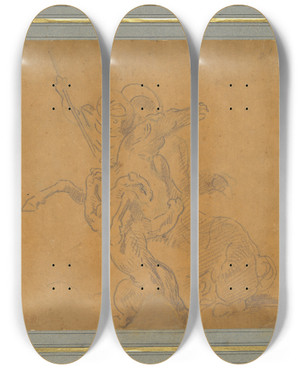 Triptych art skateboard deck of Eugne Delacroix Lion Attacking A Horse With Rider Sketch For The Tigerhunt_1 by Eugene Delacroix (1798-1863) Triptych art skateboard deck of Eugne Delacroix Lion Attacking A Horse With Rider Sketch For The Tigerhunt_1 by Eugene Delacroix (1798-1863)
