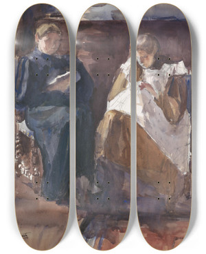Triptych art skateboard deck of Barbara Elisabeth Van Houten Lezende Dame En Bordurend Meisje Van Voren Gezien In Het Huis Aan De Riouwstraat 6 Te Den Haag by Barbara Elisabeth Van Houten (1863-1950)