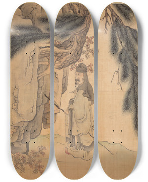 Triptych art skateboard deck of Chen Hongshou Scholar With Staff And Brush by Chen Hongshou (1598-1652)