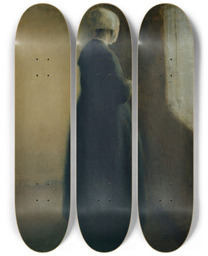 Triptych art skateboard deck of Vilhelm Hammershi An Old Woman Standing By A Window by Vilhelm Hammershoi (1864-1916)