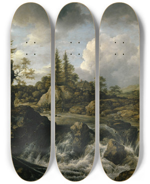 Triptych art skateboard deck of Jacob Van Ruisdael Landscape With Waterfall_1 by Jacob Van Ruisdael (1628-1682)
