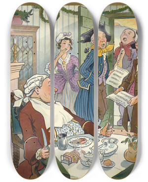 Triptych art skateboard deck of Louis Glackens Puck Christmas by Louis Glackens (1866-1933)
