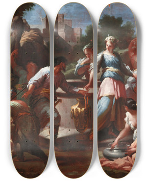 Triptych art skateboard deck of Giovanni Battista Ranieri Del Pace Rebecca At The Well by Giovanni Battista Ranieri Del Pace (1681-1738)