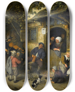 Triptych art skateboard deck of Adriaen Van Ostade The Fiddler by Adriaen Van Ostade (1610-1684)