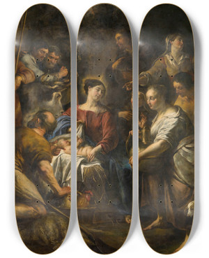Triptych art skateboard deck of Jan Cossiers The Adoration Of The Shepherds_2 by Jan Cossiers (1600-1671)