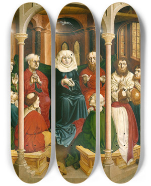 Triptych art skateboard deck of Hans Multscher The Descent Of The Holy Spirit Pentecost The Wings Of The Wurzach Altar Left Panel by Hans Multscher (1400-1467)