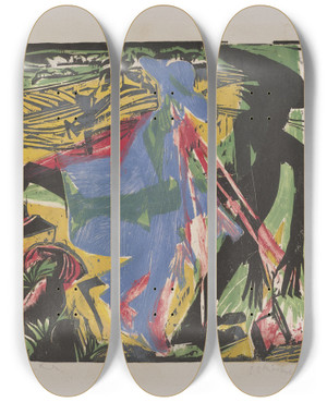 Triptych art skateboard deck of Ernst Ludwig Kirchner Schlemihls Encounter With The Shadow by Ernst Ludwig Kirchner (1880-1938)