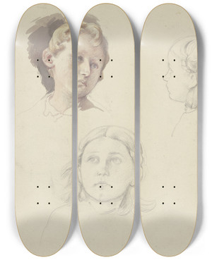 Triptych art skateboard deck of Jakob Becker Studienblatt Mdchen Mit Zuber by Jakob Becker (1810-1872)