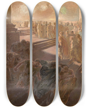 Triptych art skateboard deck of Gaetano Previati Driving The Merchants Out Of The Temple by Gaetano Previati (1852-1920)