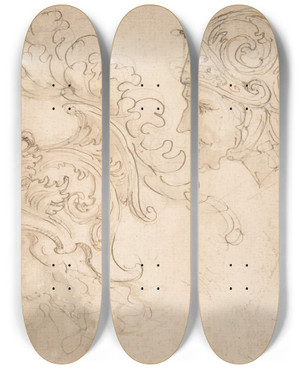 Triptych art skateboard deck of Giovanni Battista Foggini Two Studies For Helmet Designs Presented En Profil by Giovanni Battista Foggini (1652-1725)