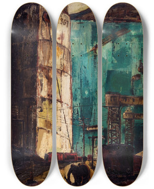 Triptych art skateboard deck of Krlis Padegs The Port The Dock by Karlis Padegs (1911-1940)