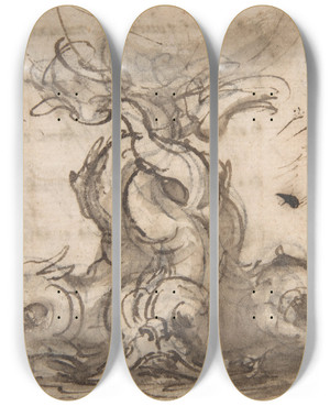 Triptych art skateboard deck of Giovanni Battista Foggini Design For The Base Of A Vessel With Three Dolphins by Giovanni Battista Foggini (1652-1725)
