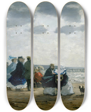 Triptych art skateboard deck of Eugne Boudin On The Beach Dieppe by Eugene Boudin (1824-1898)