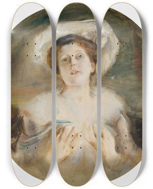 Triptych art skateboard deck of Franz Von Lenbach Bildnis Einer Dame Mit Mit Weiem Hut by Franz Von Lenbach (1836-1904)