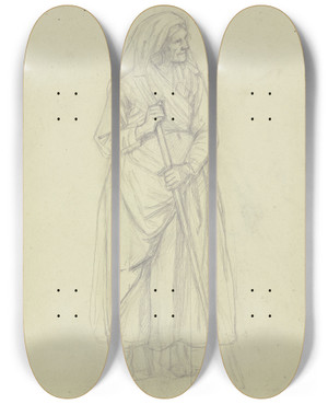 Triptych art skateboard deck of Jakob Becker Old Peasant Woman by Jakob Becker (1810-1872)