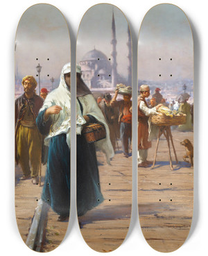 Triptych art skateboard deck of Fausto Zonaro On The Galata Bridge Constantinople by Fausto Zonaro (1854-1929)
