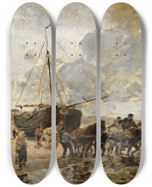 Triptych art skateboard deck of Hermann Baisch Katwijker Fischer Ziehen Einen Bom Aus Dem Schuitengat Ins Wasser by Hermann Baisch (1846-1894)